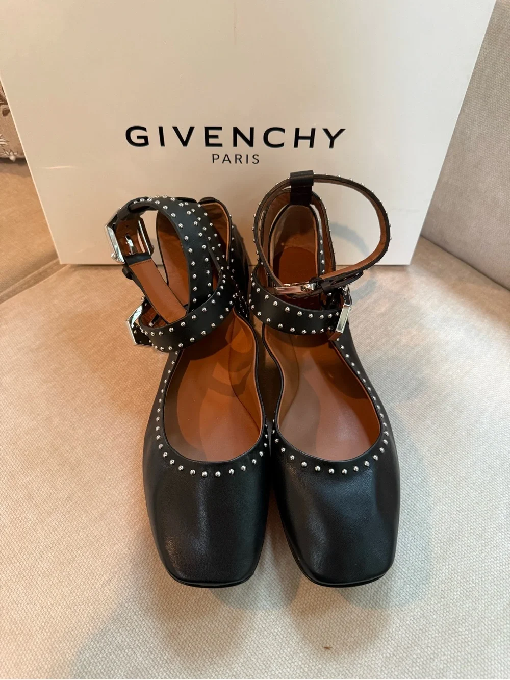 Givenchy Black Studded Leather Strappy Square-Toe Flats